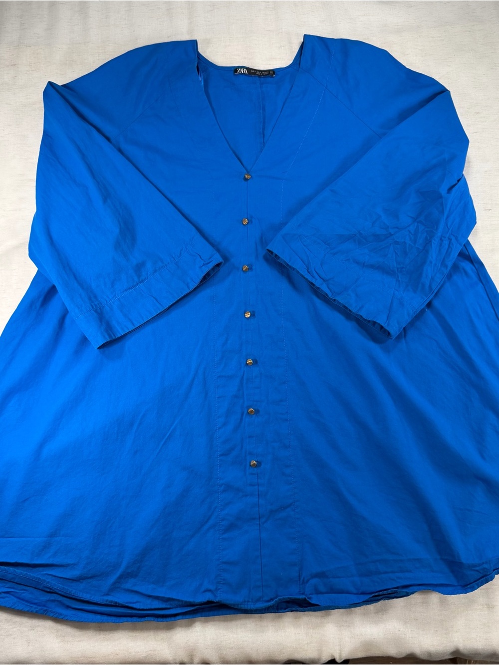 Zara Blue Solid Woven Cotton V-Neck Button Front Long Sleeve Tunic Blouse S